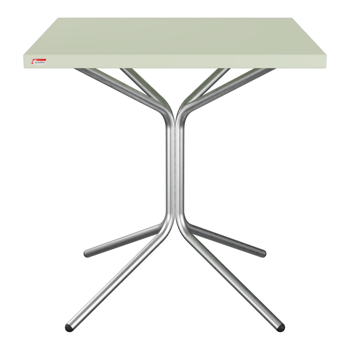 Klappbarer Bistrotisch mit grüner Tischplatte und metallischem Spinnenbeingestell