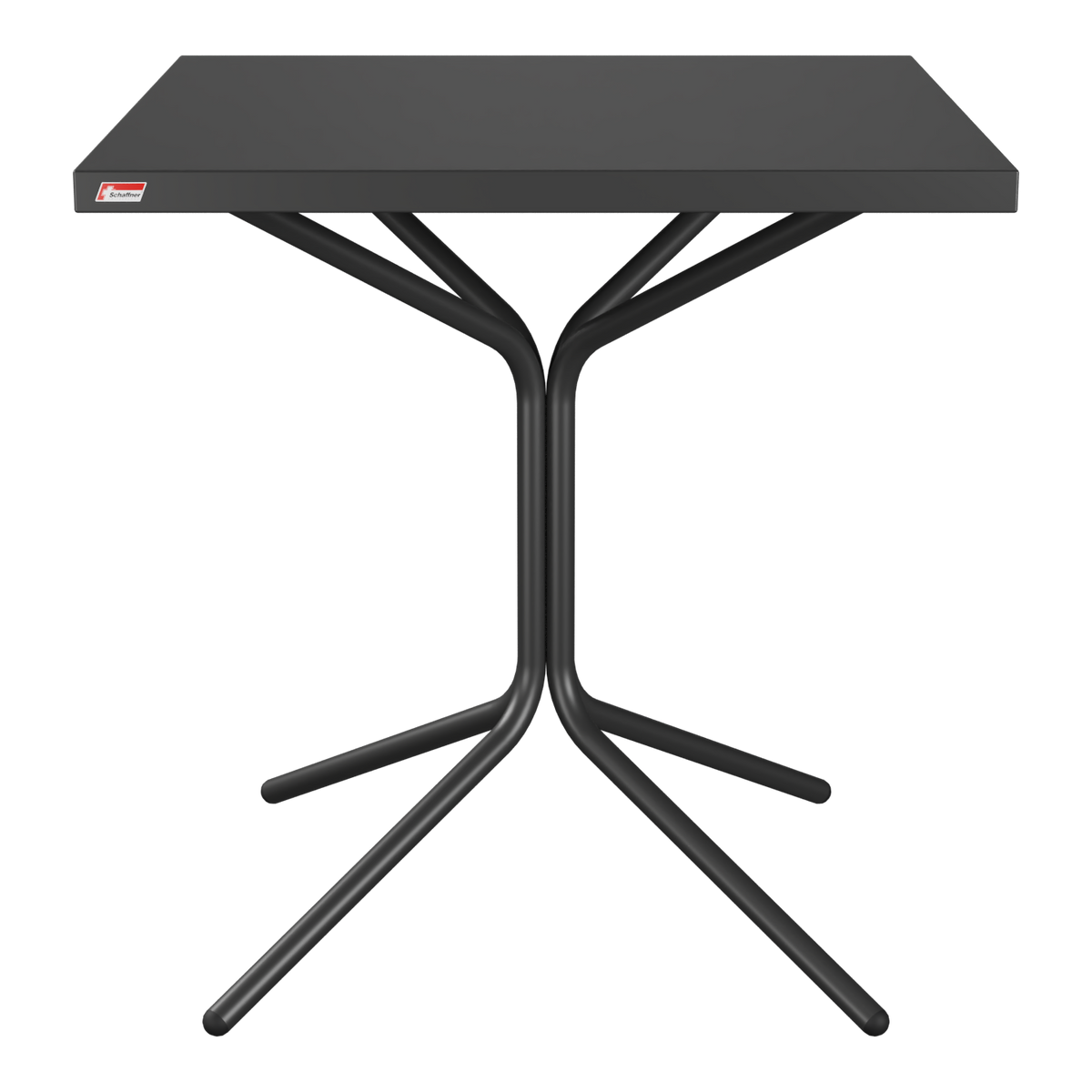Kompakter Klapptisch mit schwarzer Tischplatte und Dreibein-Gestell, ideal für Balkon und Garten.