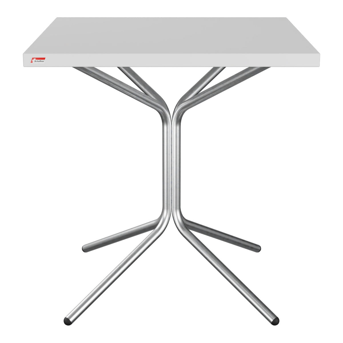 Moderner Klapptisch mit grauer Tischplatte und verchromtem Metallgestell, klappbar und platzsparend.