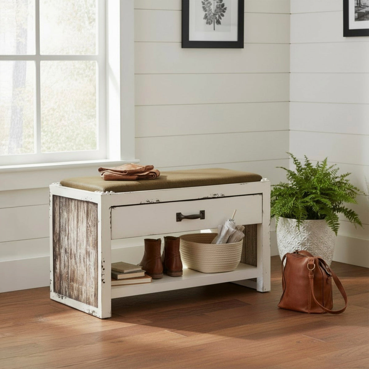 HAKU Möbel Schuhbank aus MDF gepolstert in Weiss 72 x 40 x 43 cm