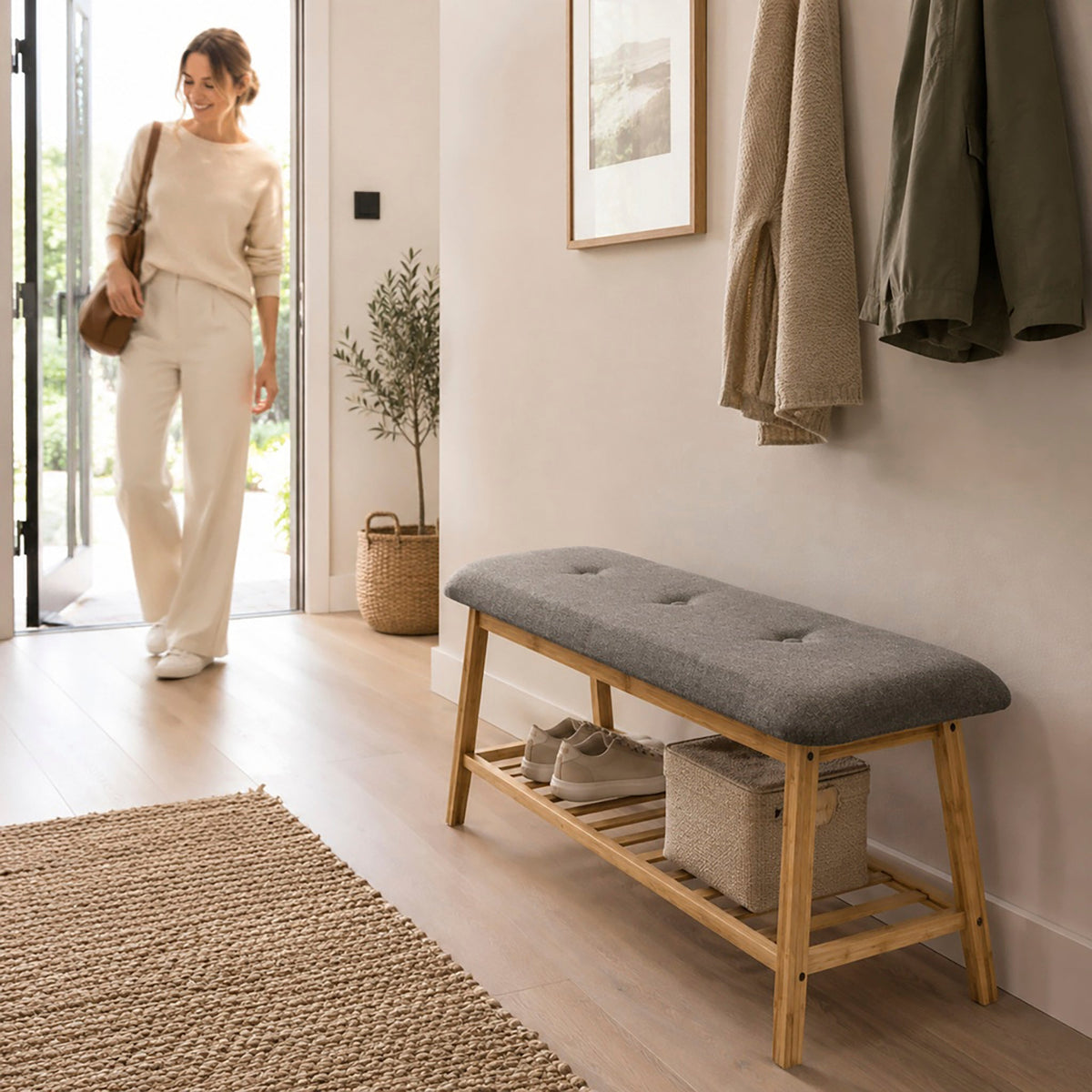 HAKU Möbel Schuhbank aus Textil mit Bambus in Grau B 60-100 cm H 44 cm, 100 x 30 cm, H 44 cm