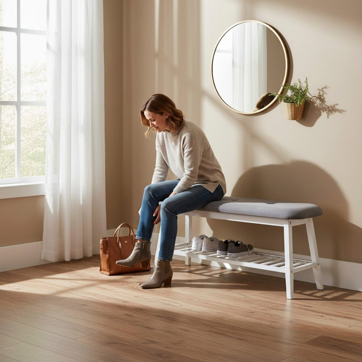 HAKU Möbel Schuhbank aus Textil mit Bambus in Grau B 60-100 cm H 44 cm, 100 x 30 cm, H 44 cm