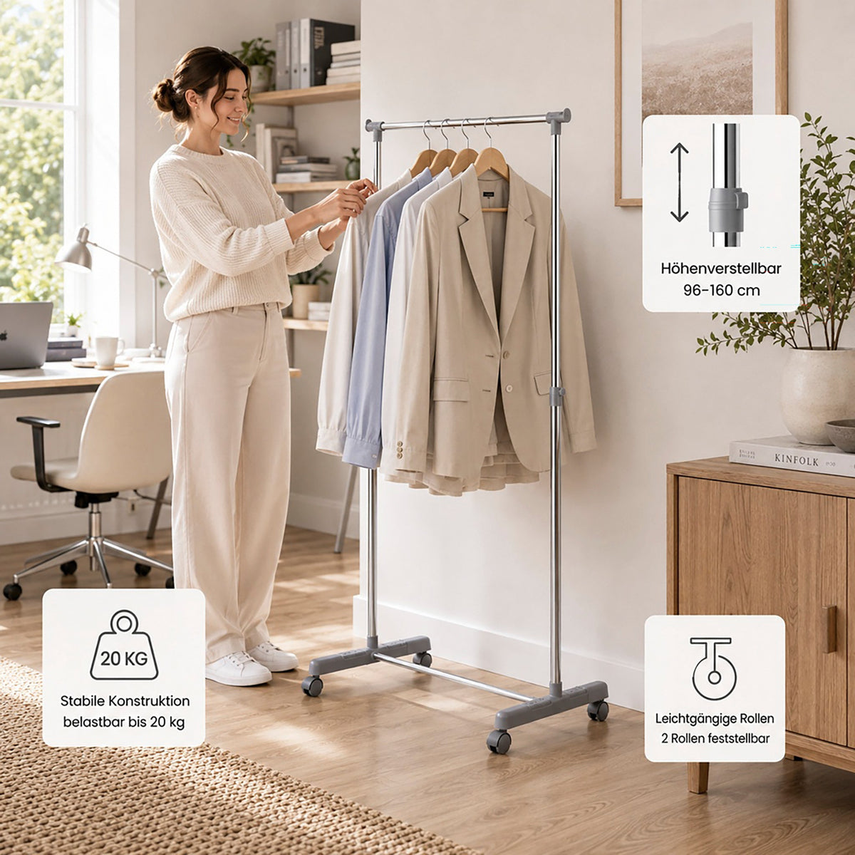 HAKU Möbel Rollgarderobe aus Metall höhenverstellbar in Grau