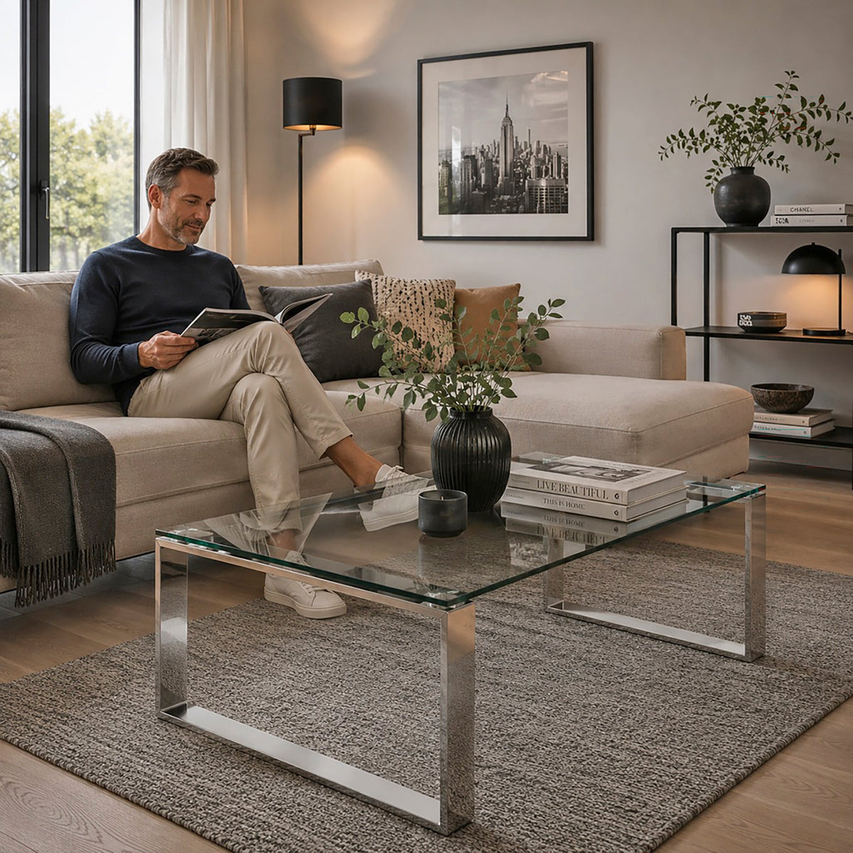 HAKU Möbel Couchtisch aus Metall mit Glas in Silber
