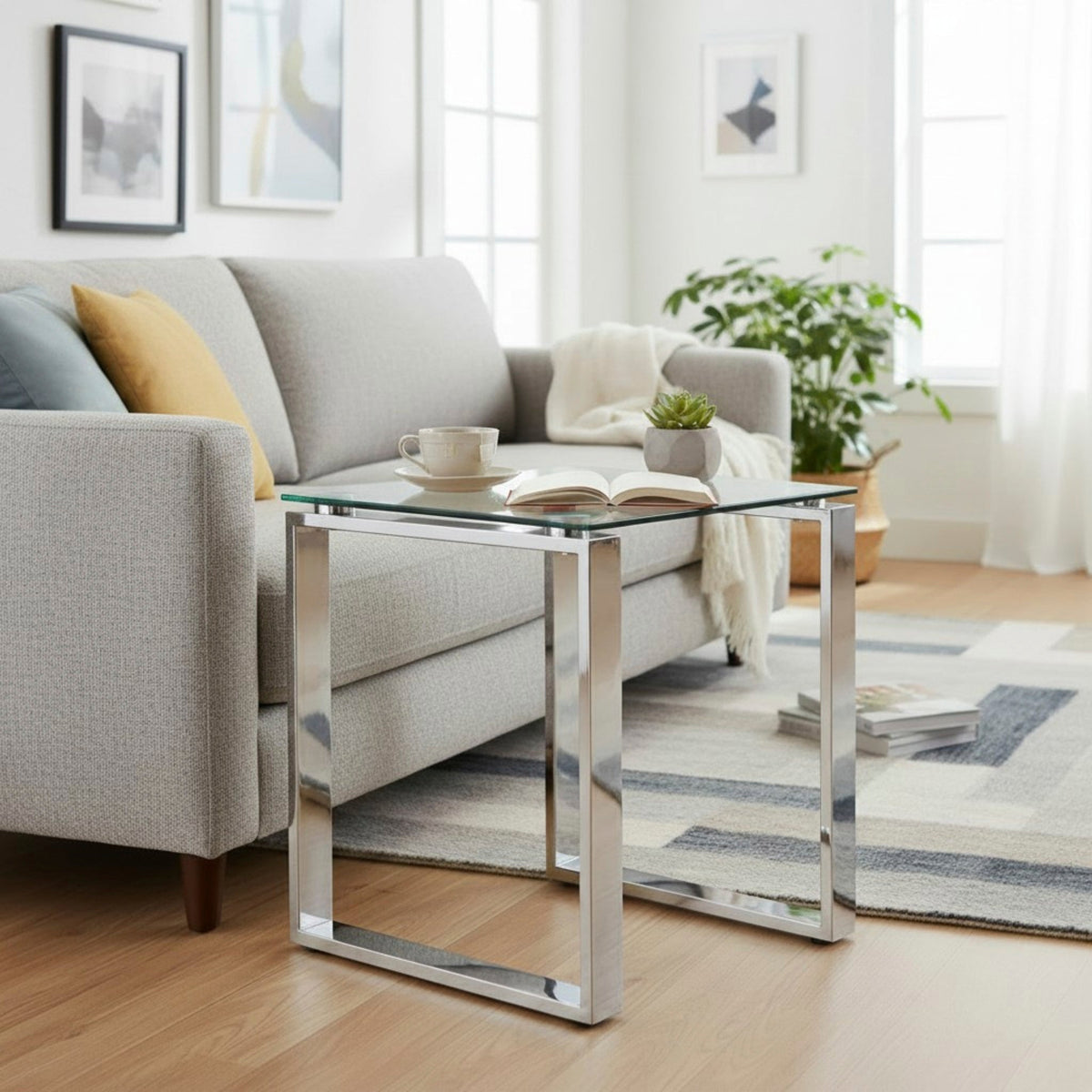 HAKU Möbel Beistelltisch aus Metall mit Glas in Silber B 55-65 cm H 17-18 cm, 55 x 55 cm, H 17 cm
