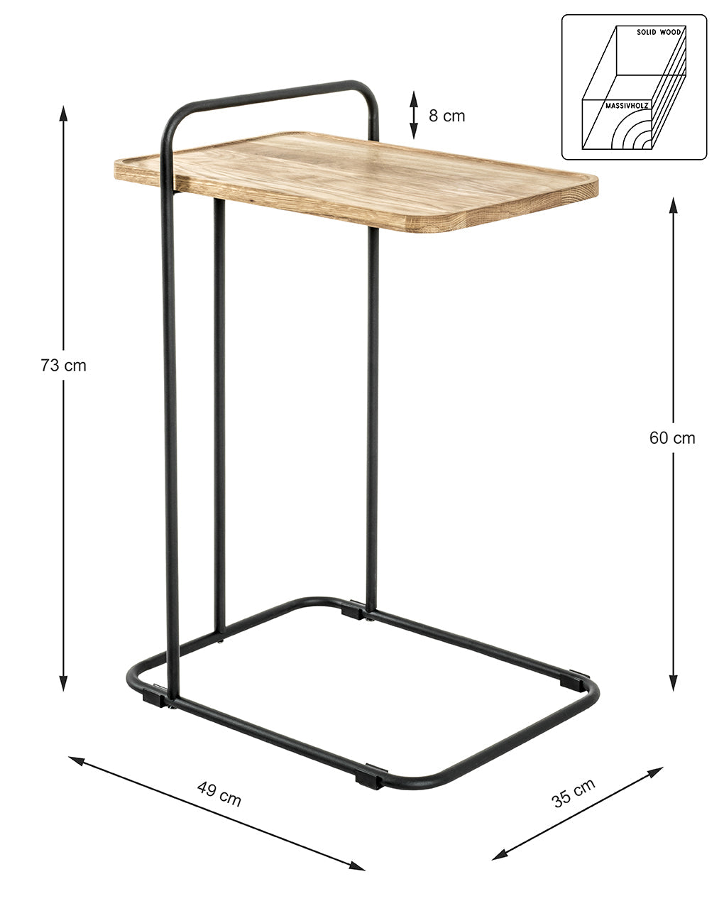 HAKU Möbel Beistelltisch aus Massivholz C-Gestell in Braun 35 x 49 x 73 cm