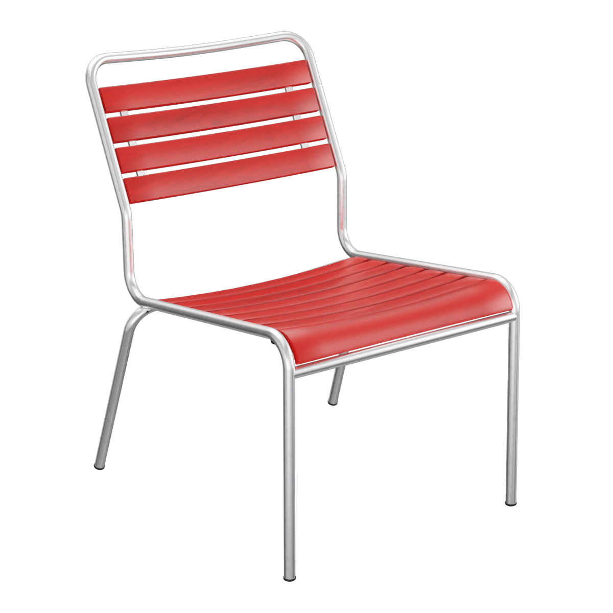 Moderne Aluminium Gartenstuhl mit roten Lamellensitzfläche, stapelbar und wetterfest für Terrasse.