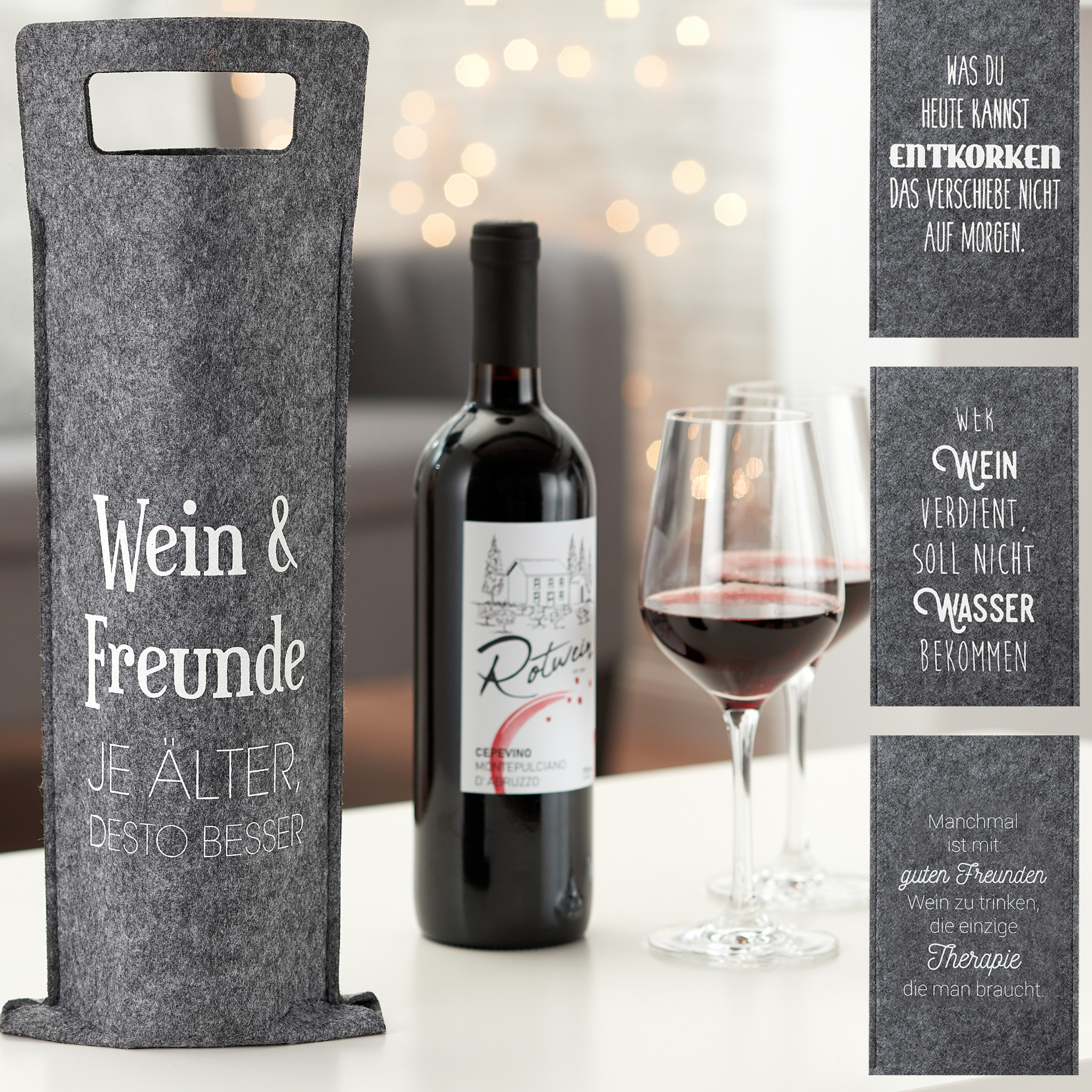 Filz-Flaschenträger mit Weinsprüchen und Geschenkidee für Weinliebhaber und Freunde