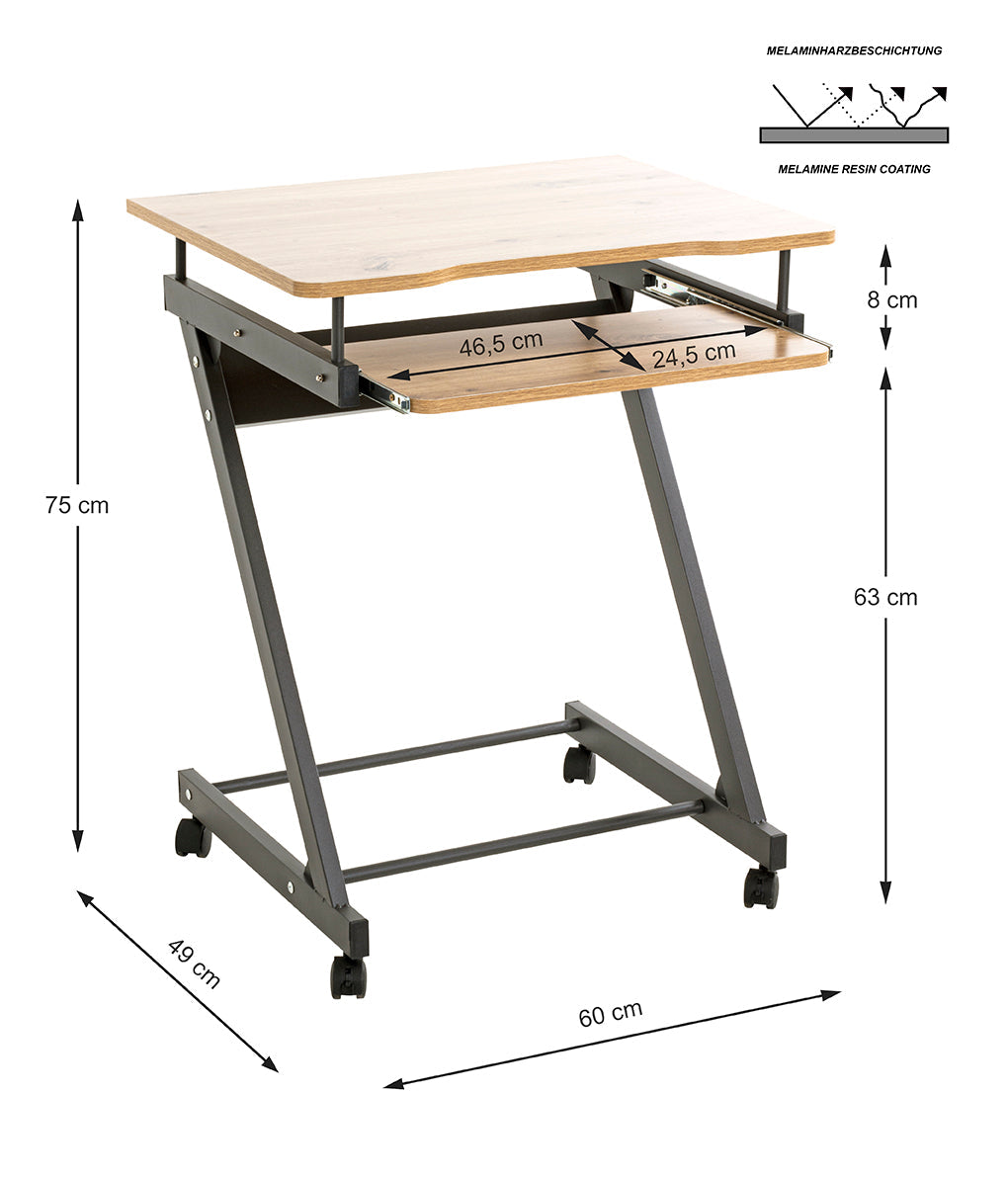 HAKU Möbel Computertisch auf Rollen aus MDF kratzbeständig in Anthrazit, Eiche