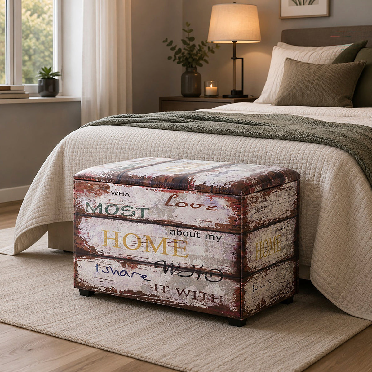 HAKU Möbel Sitztruhe aus Textil Motiv Schriftzug in Weiss 65 x 40 x 42 cm