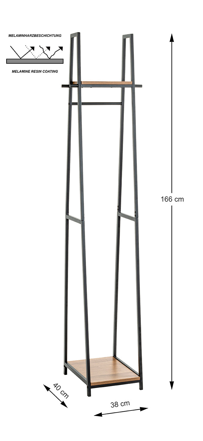 HAKU Möbel Garderobenständer aus MDF kratzbeständig in Schwarz, 38 x 40 cm, H 166 cm in Eiche, Schwarz
