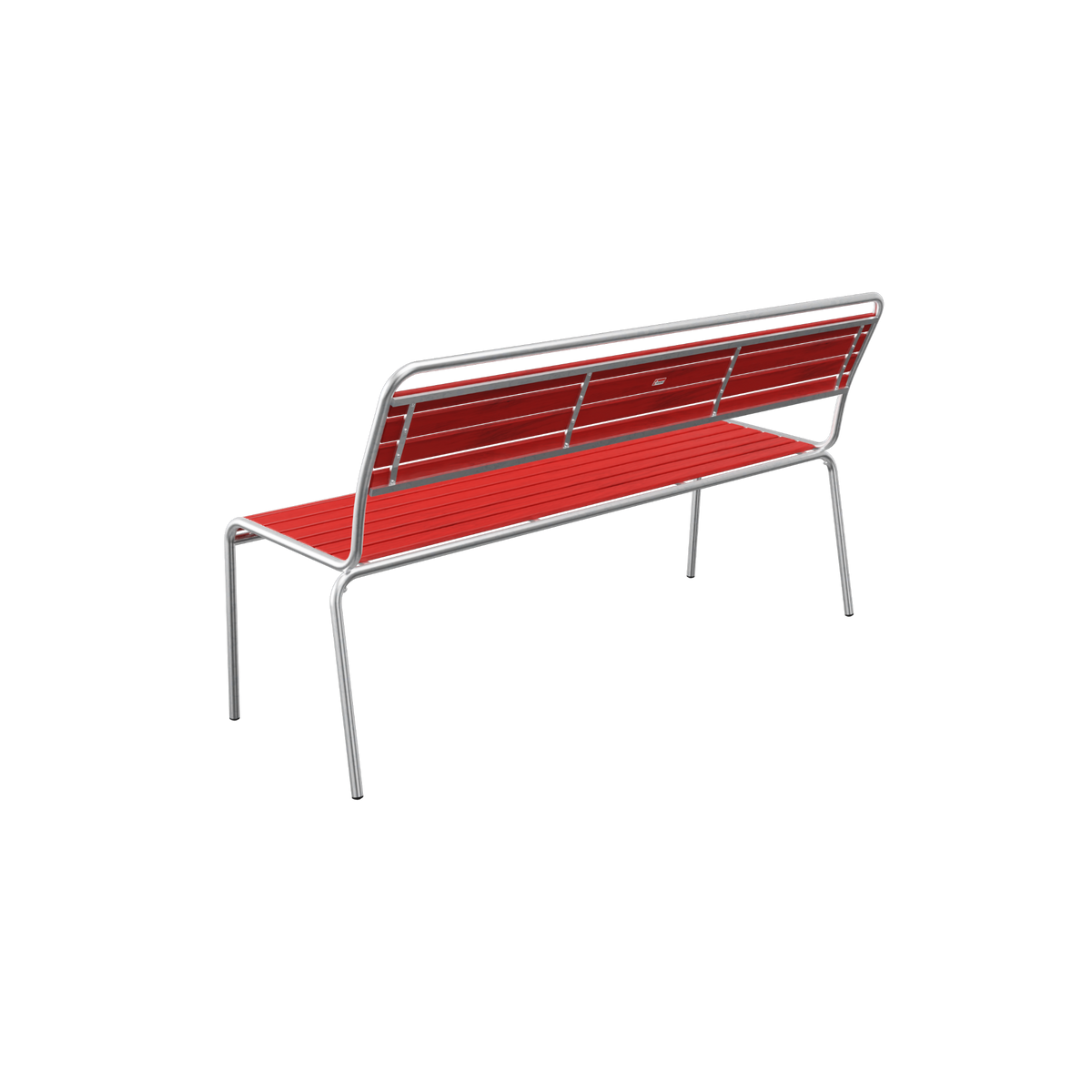 Moderne Gartenbank mit rotem Kunststoff und silbernem Aluminium-Gestell für Terrasse