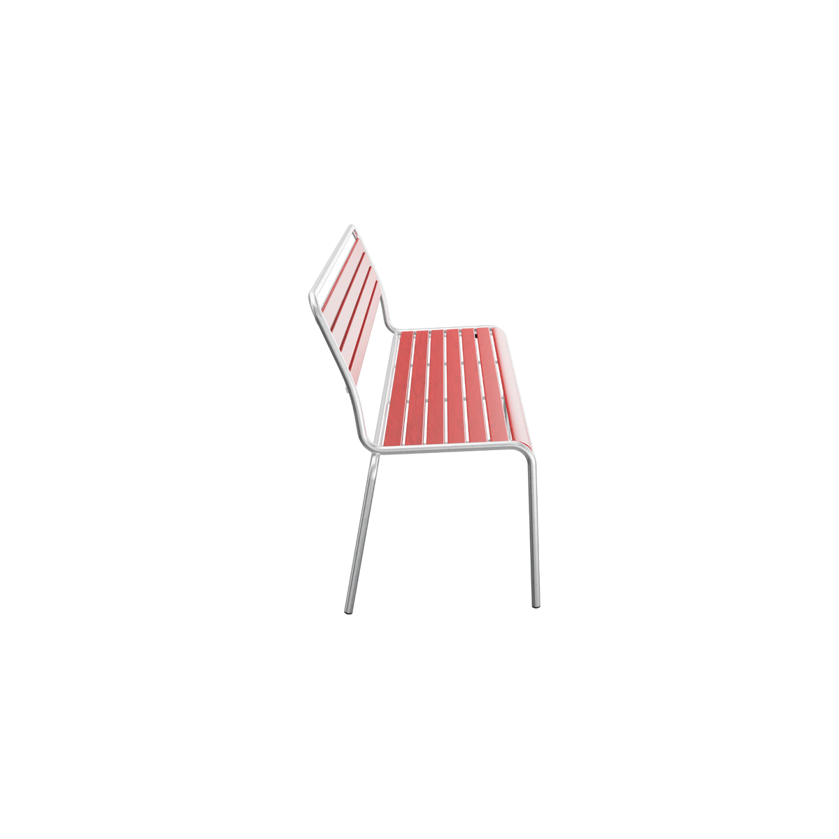 Moderner Stuhl mit rotem Sitzflächendesign und grauem Metallgestell, Seitenansicht.