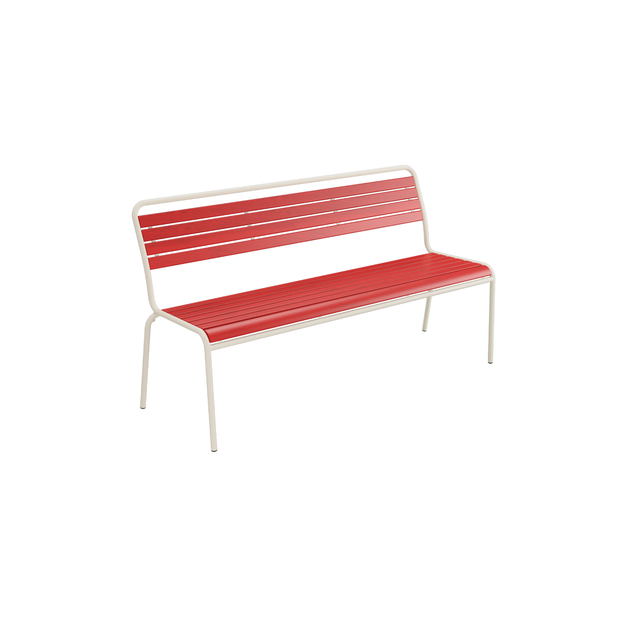 Moderne Gartenbank aus Aluminium mit roten Kunststoffleisten und Rückenlehne