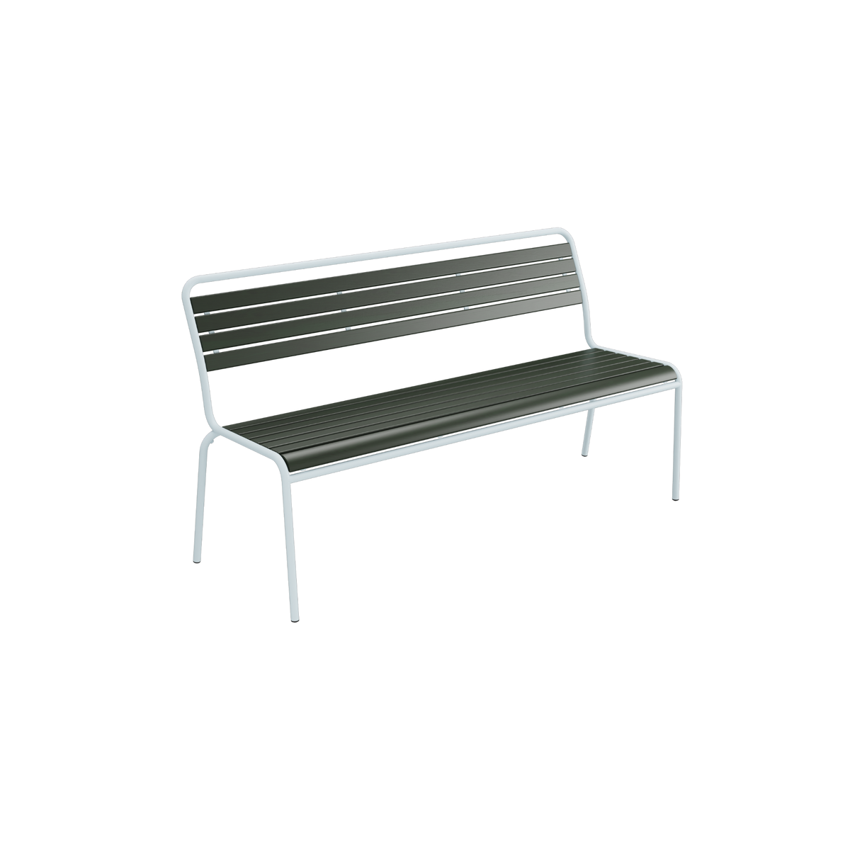 Moderne Gartenbank mit Rückenlehne aus Aluminium und grünem Kunststoff, stabil und wartungsfrei.