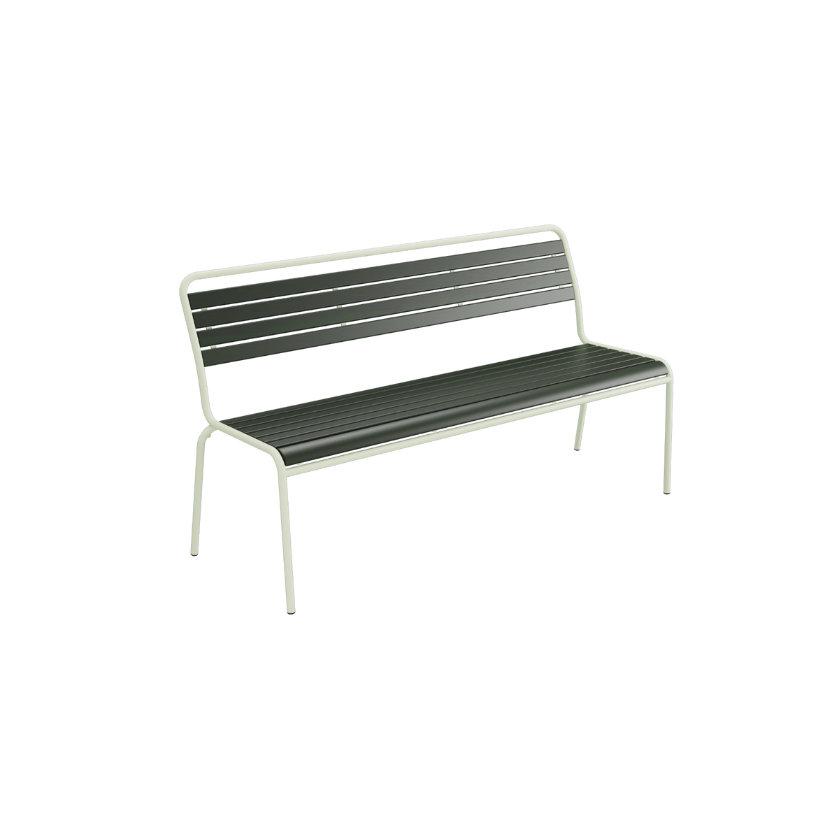 Moderne Gartenbank aus Aluminium mit grünen Kunststofflatten, elegant designte Sitzbank für Terrasse und Garten.