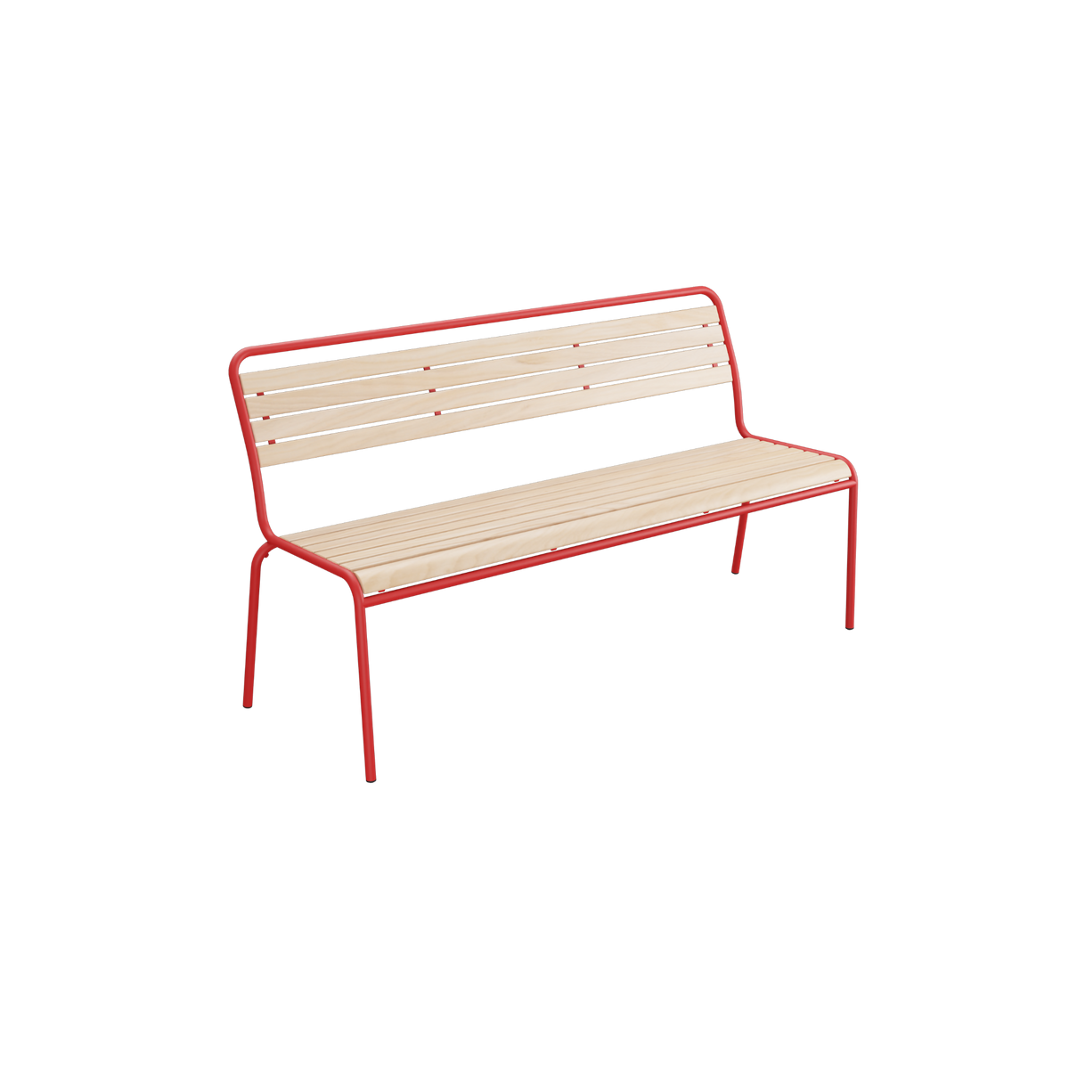 Rote Gartenbank mit Holzlatten und Metallgestell - moderne Outdoorbank
