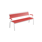 Moderne Aluminium-Gartenbank mit roten Kunststofflatten und Armlehnen, Outdoor-Möbel