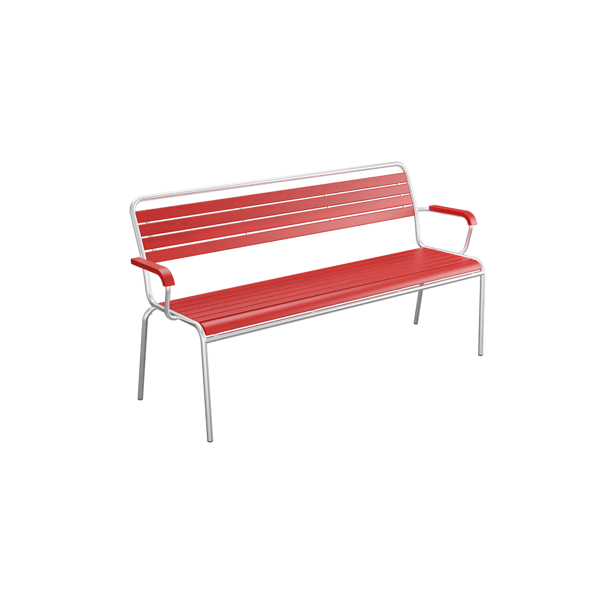 Moderne Aluminium-Gartenbank mit roten Kunststofflatten und Armlehnen, Outdoor-Möbel