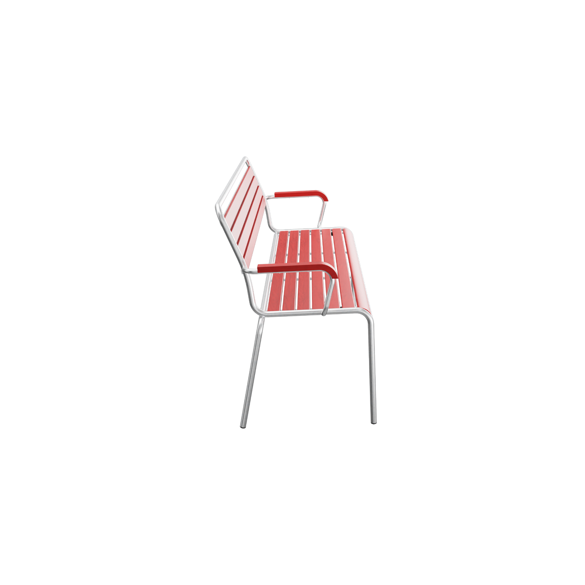 Moderner Stuhl mit roten Lamellen und Armlehnen, Aluminium-Gestell, Design-Möbel