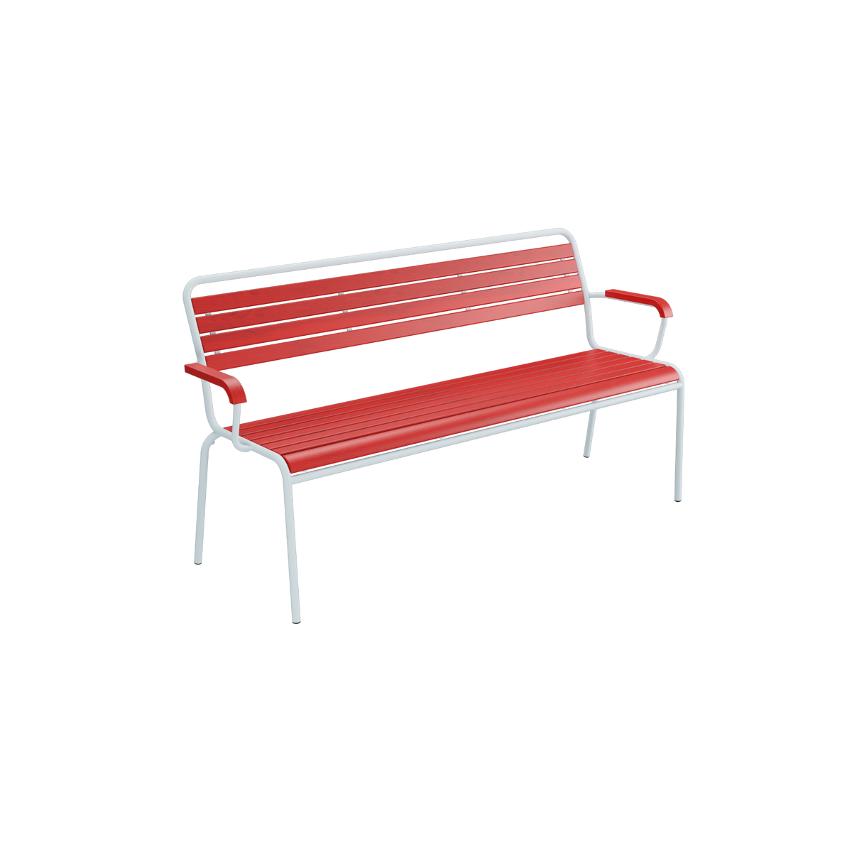 Moderne Gartenbank aus Aluminium mit roten Kunststofflatten und Rückenlehne
