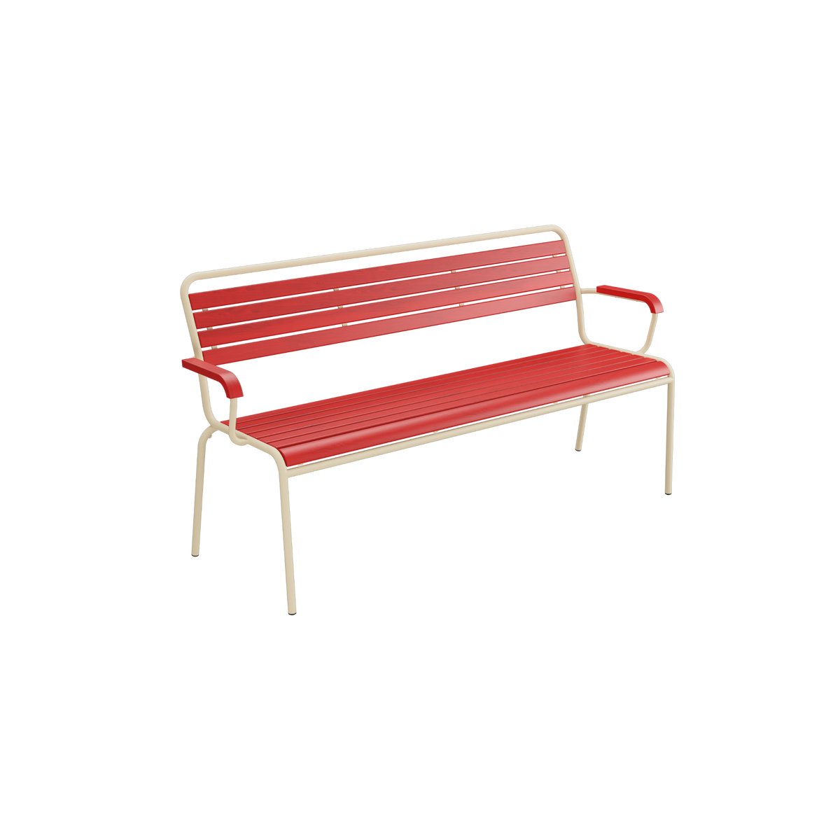 Rote Gartenbank mit Rückenlehne, Metall-Gestell beige, modernes Design für Terrasse und Balkon