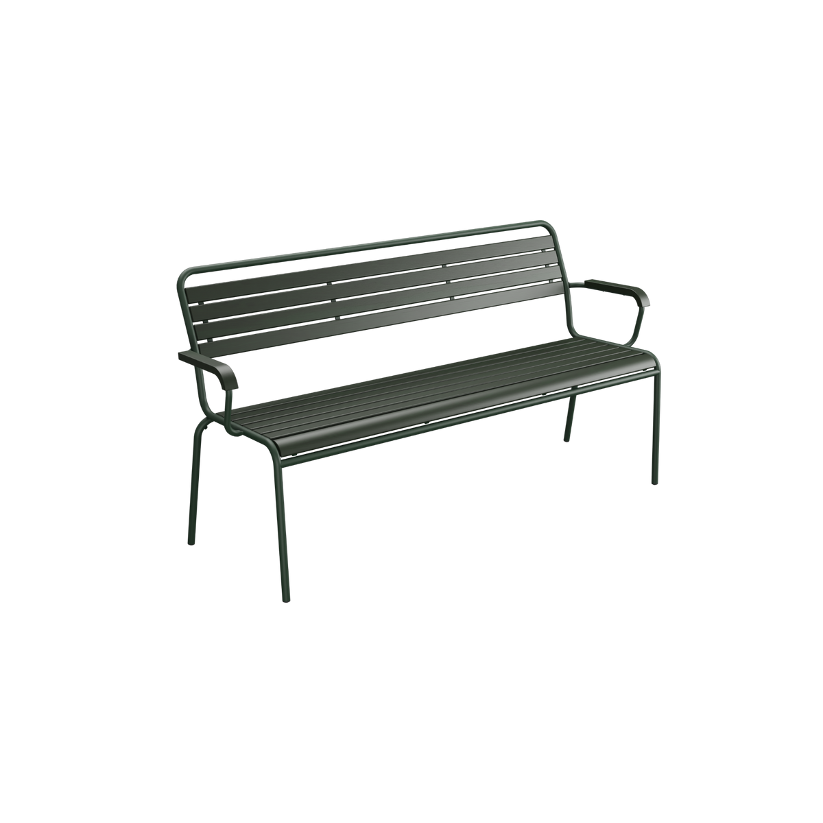 Grüne Gartenbank aus Metall mit Armlehnen und Rückenlehne – moderne Outdoor-Sitzbank