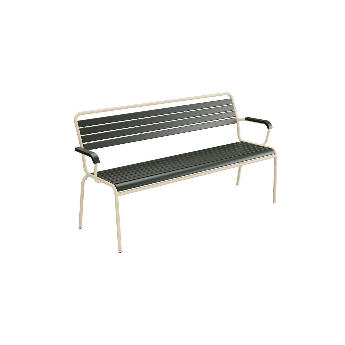 Moderne Gartenbank aus Metall mit grünen Kunststoffleisten und Armlehnen für Terrasse