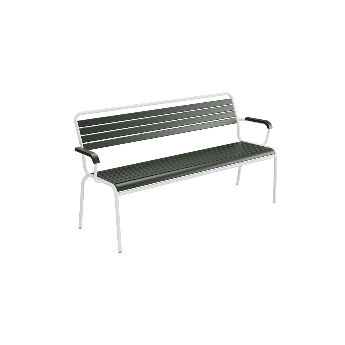Gartenbank mit Armlehnen, grüne Kunststofflatten und Aluminium-Gestell, modern