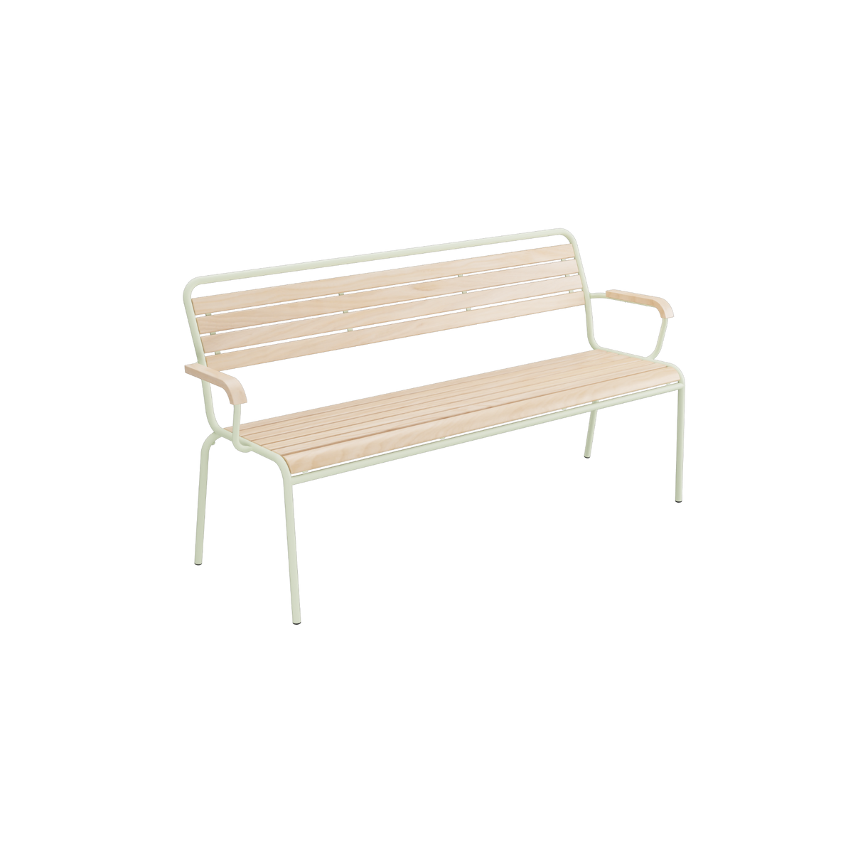 Gartenbank mit Armlehnen, Holzlatten und Metallgestell in Beige, modern und robust