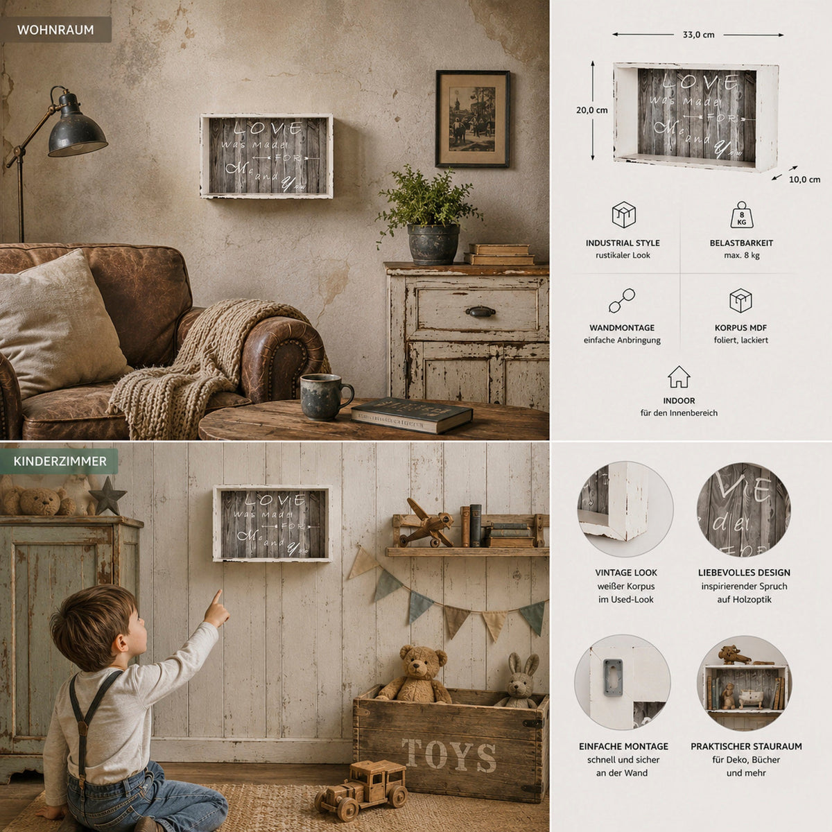 HAKU Möbel Wandregal aus MDF Motiv Schriftzug in Weiss, 33 x 10 cm, H 20 cm