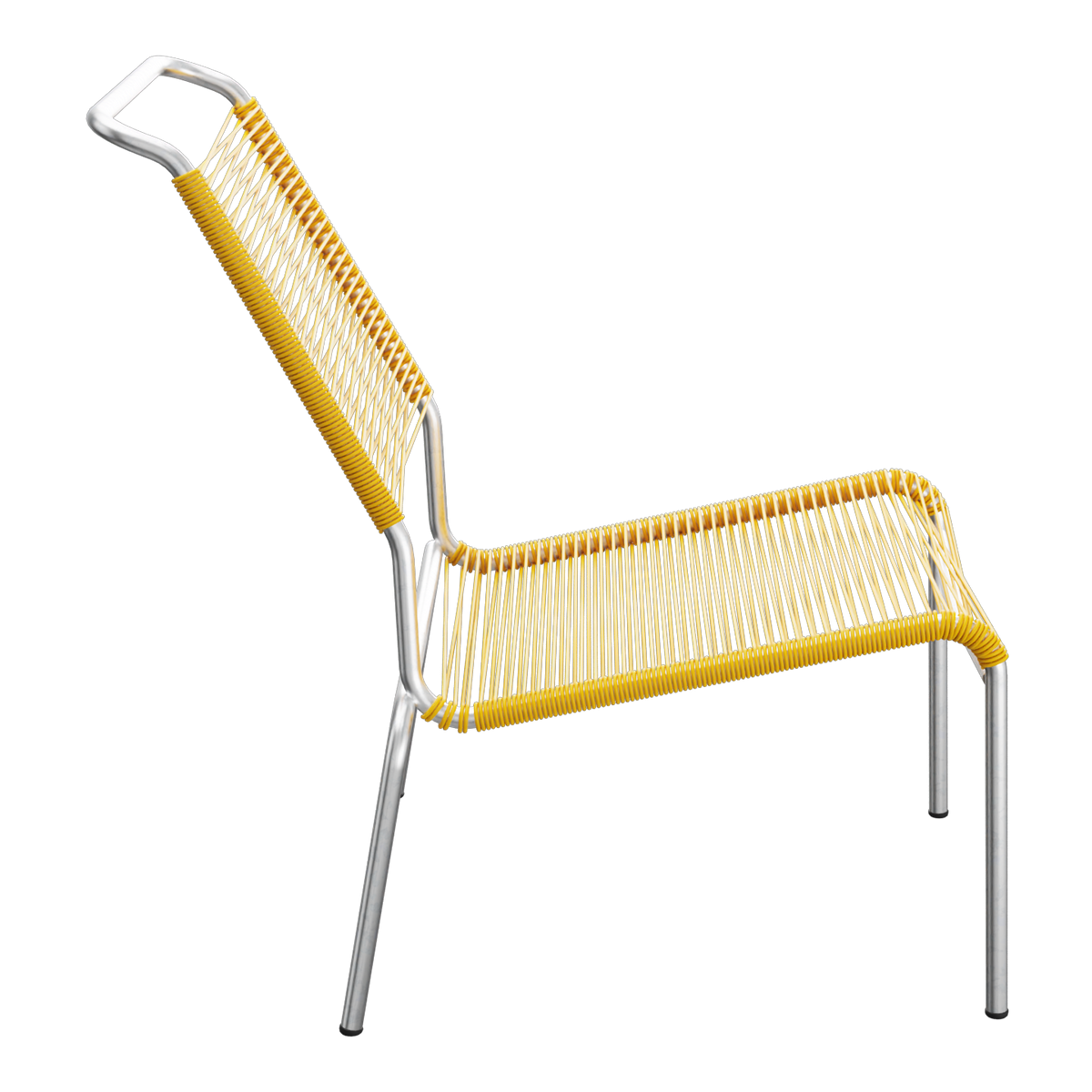 Moderner Loungesessel mit gelbem Kunststoffgeflecht und Aluminium-Gestell, zeitgenössisches Design für Innen- und Außenbereic