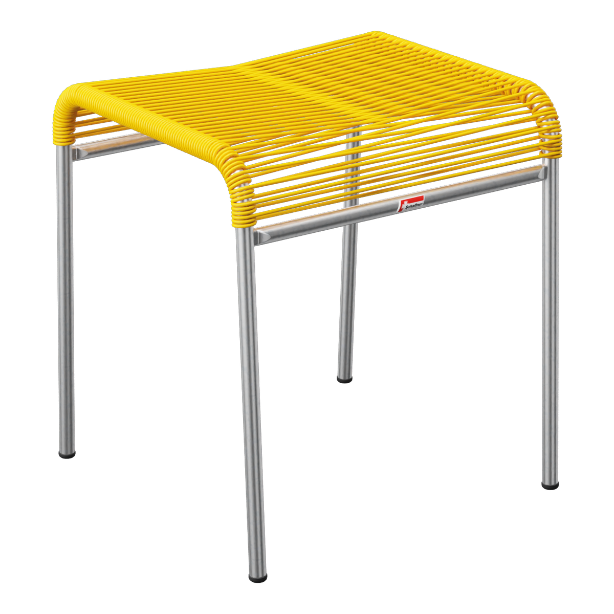 Gelber Outdoor-Tisch mit Kunststoffsitzfläche und Metallgestell, modern und wetterfest