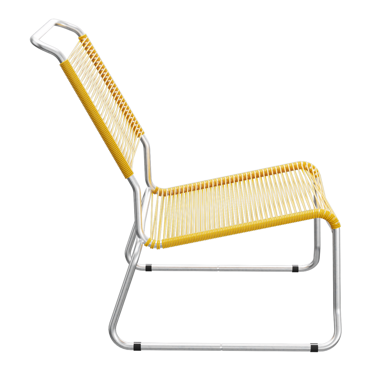Moderner Loungesessel mit gelbem Kunststoffgeflecht und Aluminium-Gestell, Design-Gartenstuhl.