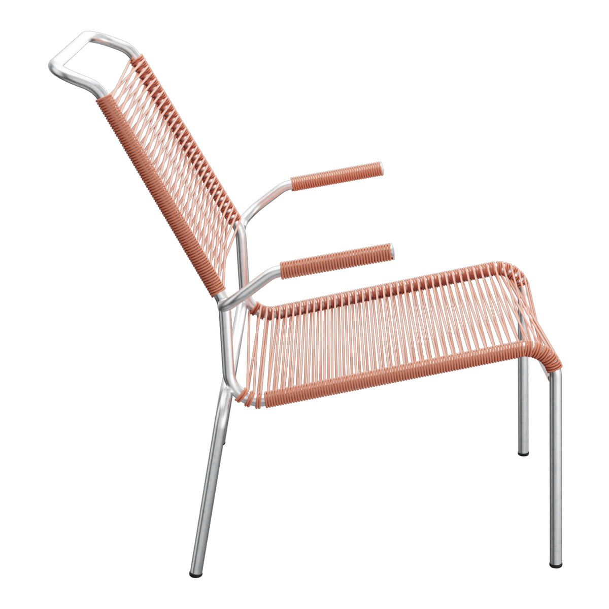 Moderner Loungesessel mit Metallgestell und Kordel-Bespannung in Terracotta-Farbe, seitlich.