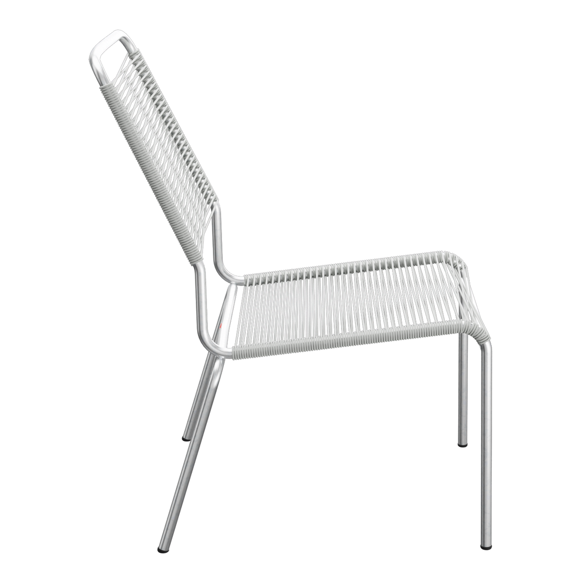 Moderner Outdoor-Stuhl mit Metallgestell und weißem Kunststoffgeflecht, stapelbar und wetterfest.