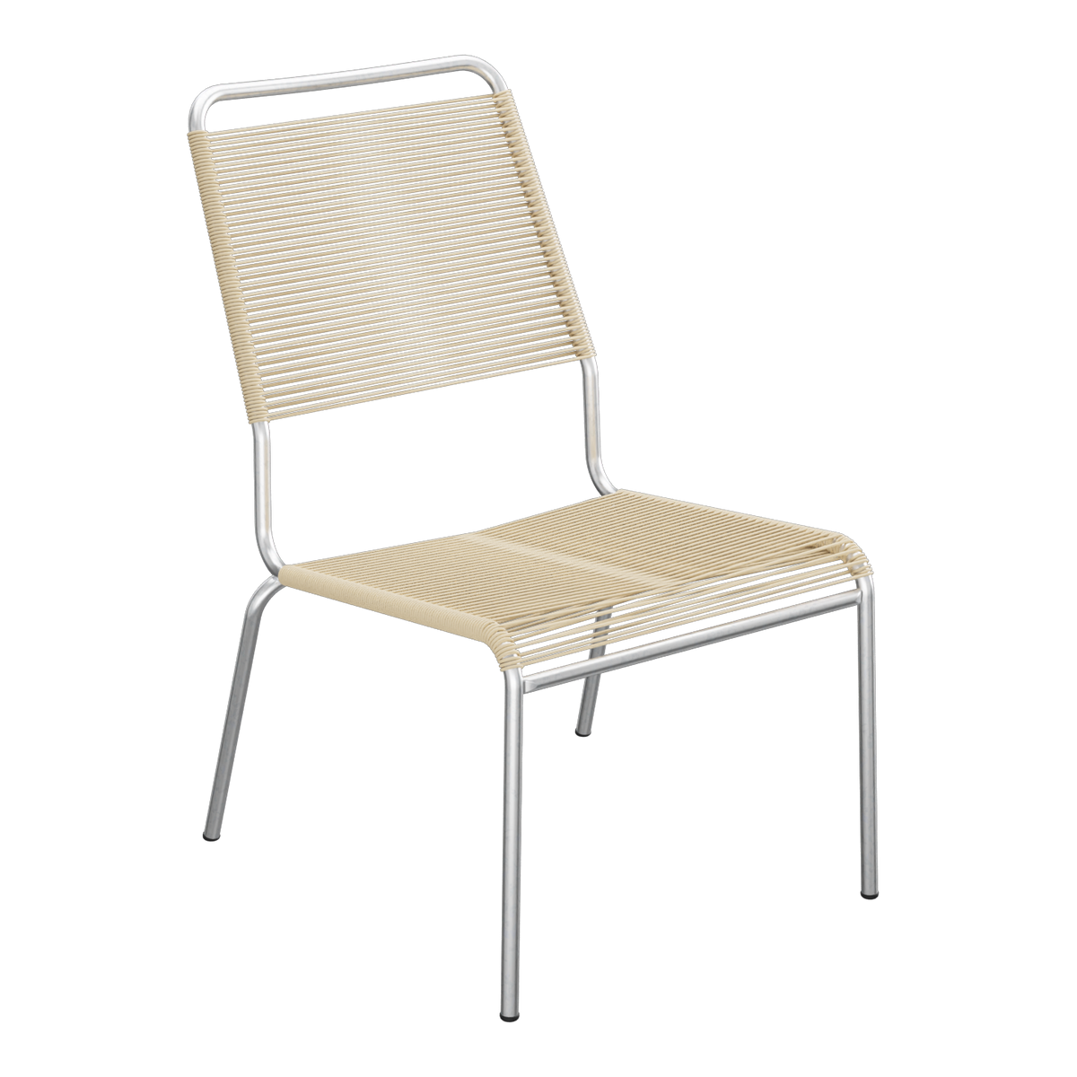 Moderne Gartenstuhl mit Aluminium-Rahmen und beige Kunststoff-Bespannung, stapelbar