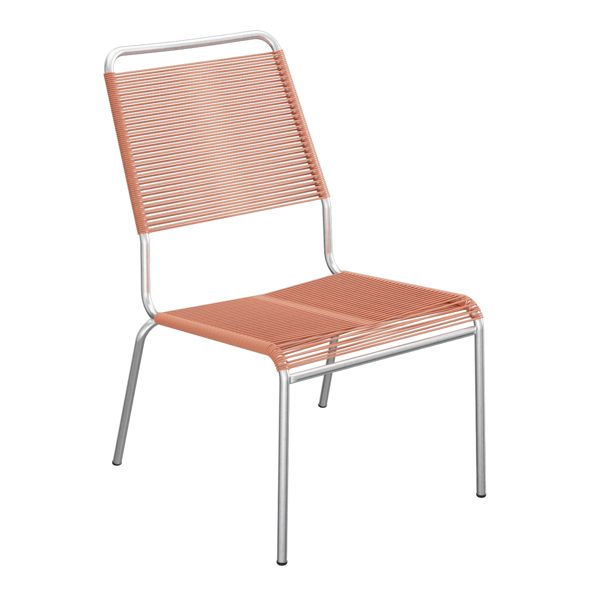Moderner Stuhl mit orangefarbenem Kunststoffgeflecht und Aluminium-Gestell, stapelbar und wetterfest