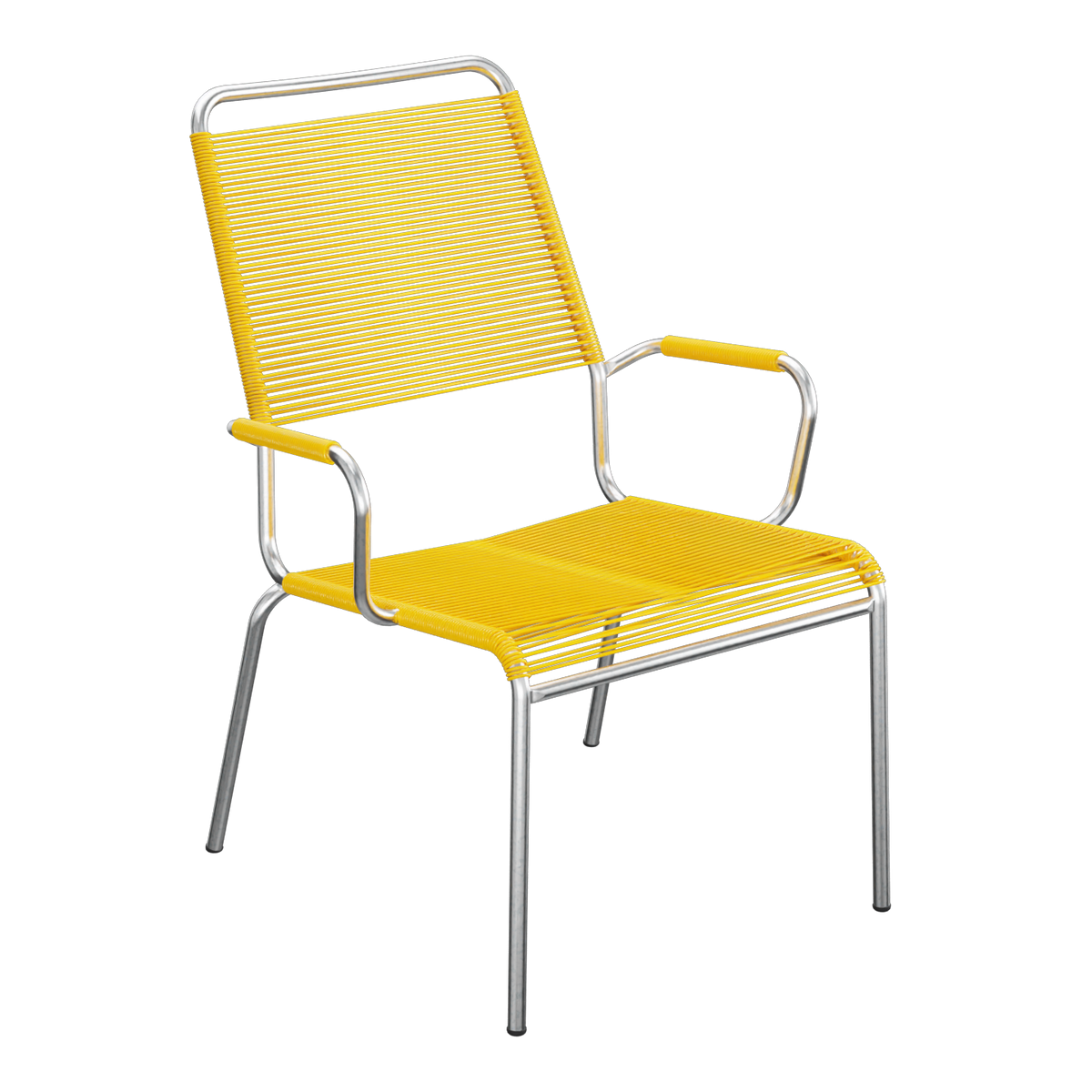 Gelber Gartenstuhl mit Armlehnen, Aluminium-Gestell, modernes Design, stapelbar, wetterfest für Terrasse und Balkon.