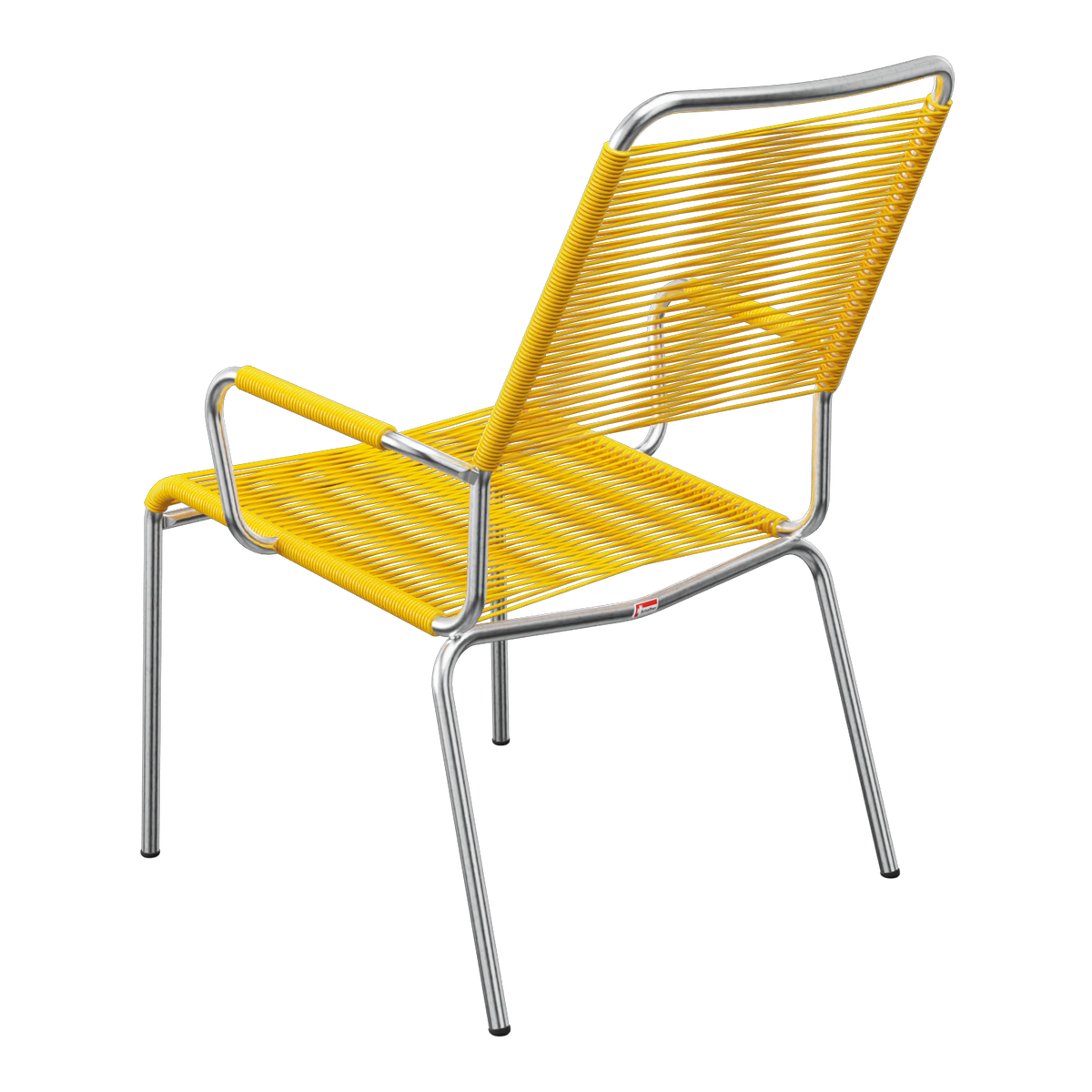 Gelber Gartenstuhl mit Aluminium-Rahmen und Kunststoffseilen. Moderner Outdoorstuhl stapelbar.