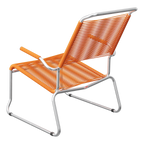 Moderne Lounge-Stuhl mit orange gewebtem Kunststoff und silbernem Aluminium-Gestell für Garten.