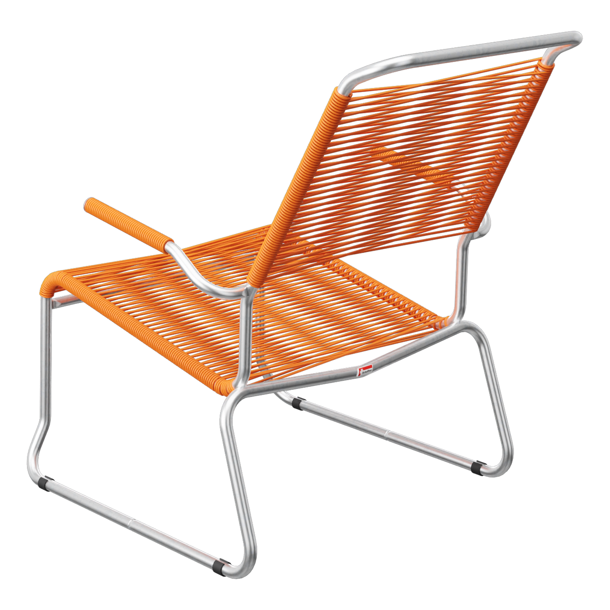 Moderne Lounge-Stuhl mit orange gewebtem Kunststoff und silbernem Aluminium-Gestell für Garten.