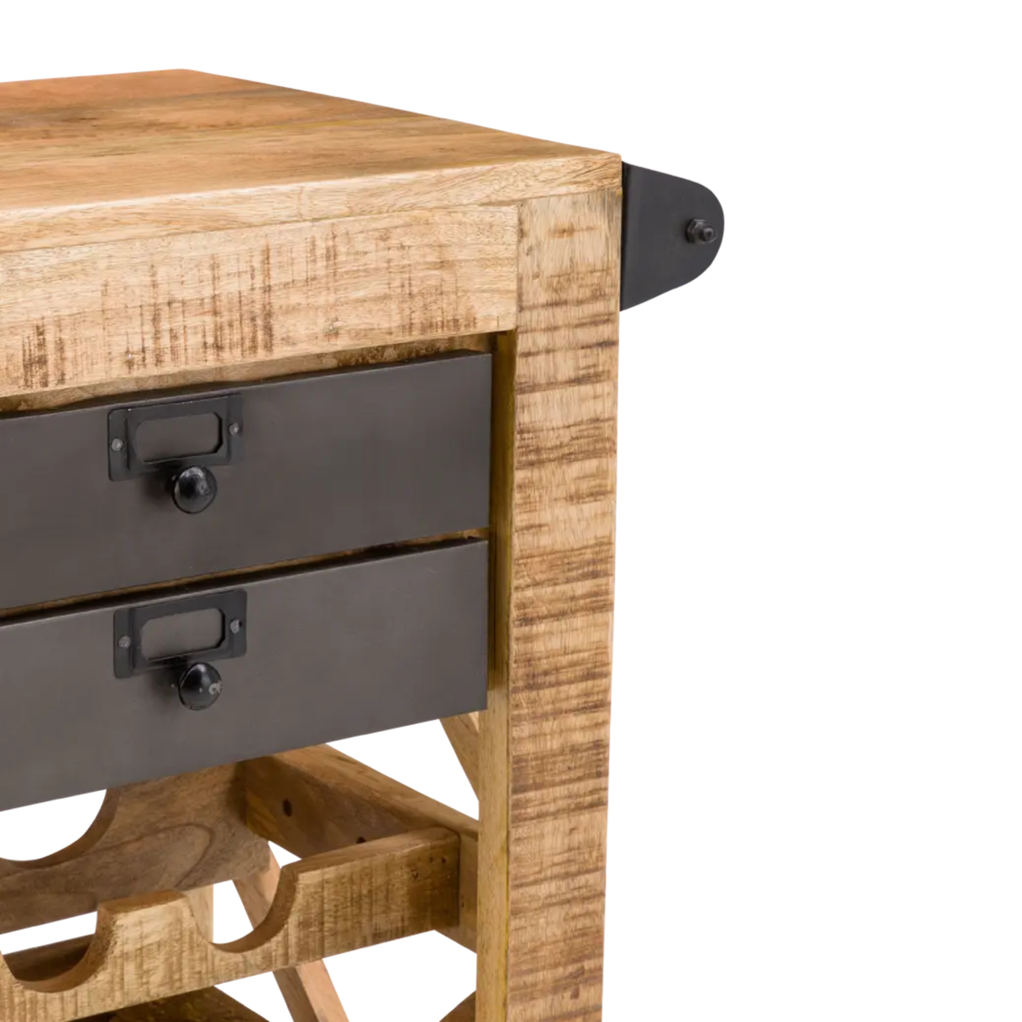 Servierwagen aus hellem Holz mit zwei schwarzen Metall-Schubladen und Weinflaschenhalter darunter.