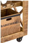 Holz-Servierwagen mit Rollen, rechteckiger Rahmen und Holzkiste mit Schriftzug "Traditional" in naturbraunem Holzton.