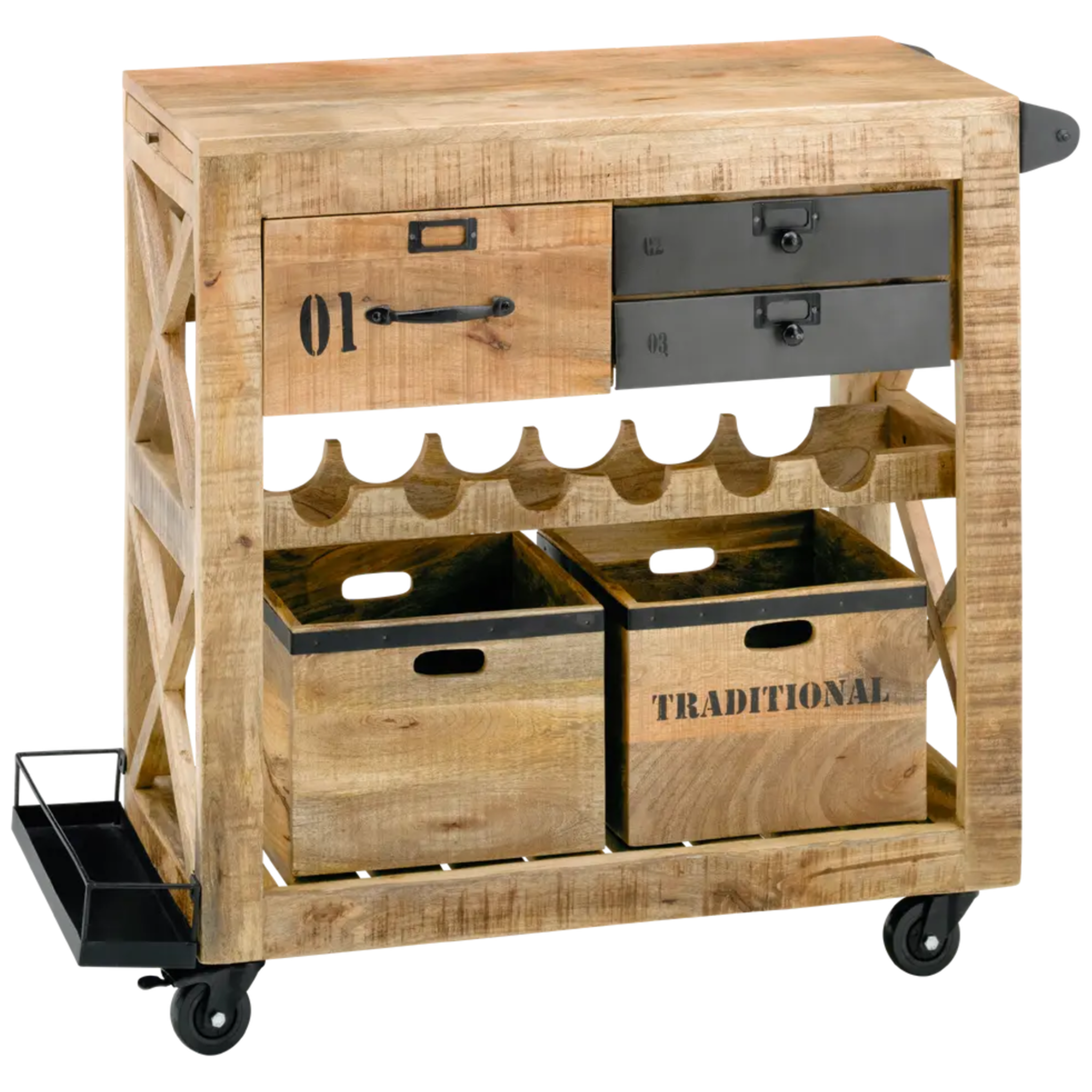 Servierwagen aus Naturholz mit zwei Schubladen, Flaschenhalter und zwei Holzkisten auf Rollen, Metallrollen und seitlichem.