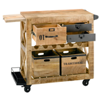Servierwagen aus hellem Holz mit ausziehbarer Ablage, zwei offenen Schubladen und zwei Holzkisten auf schwarzen Rollen.