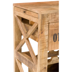 Servierwagen aus hellem Holz mit X-förmigen Seitenteilen, Schublade und Beschriftung "01" auf der Seite.
