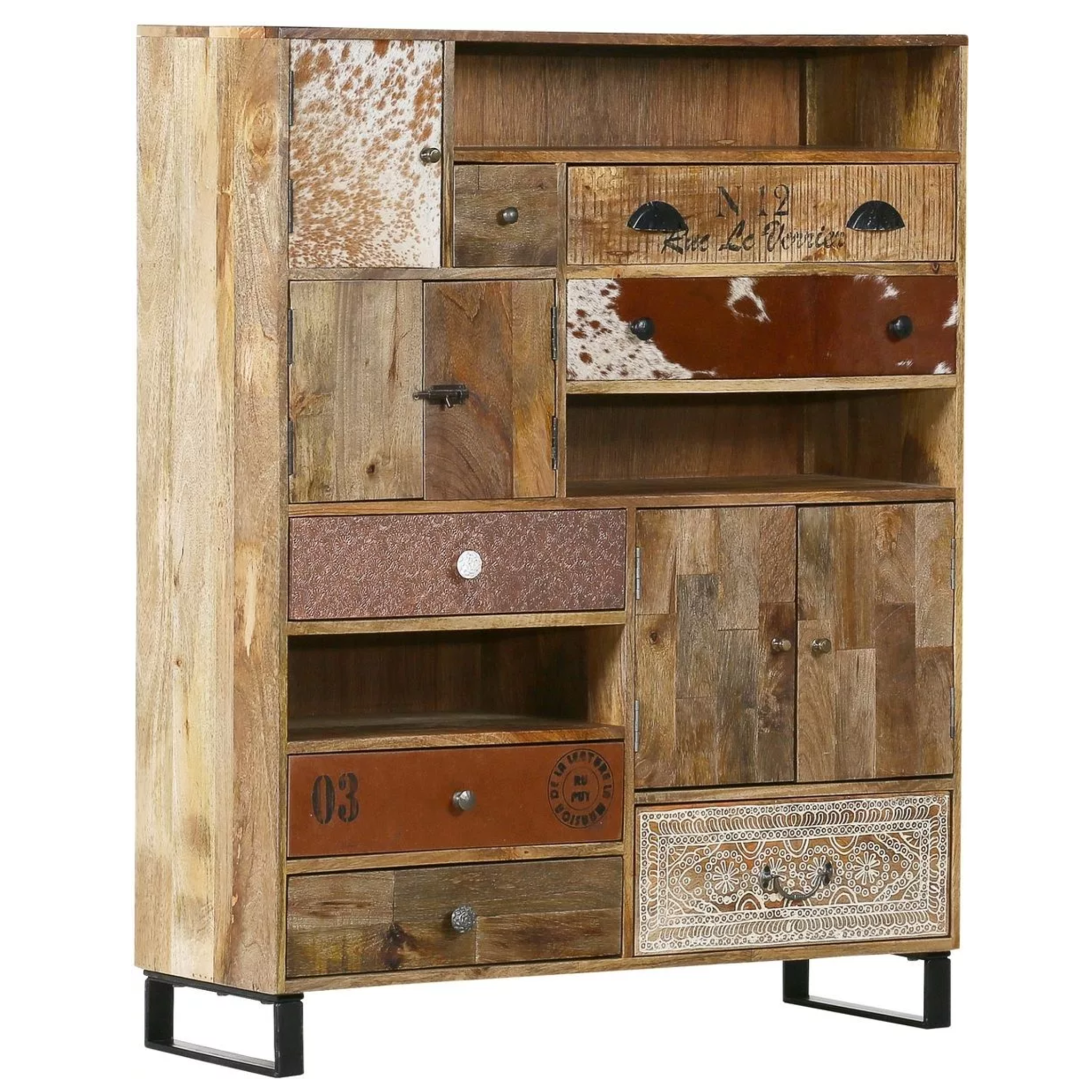 Gutmann Highboard Bounce: Vintage Kommode aus Recyclingholz mit bunten Schubladen und Metallbeinen.
