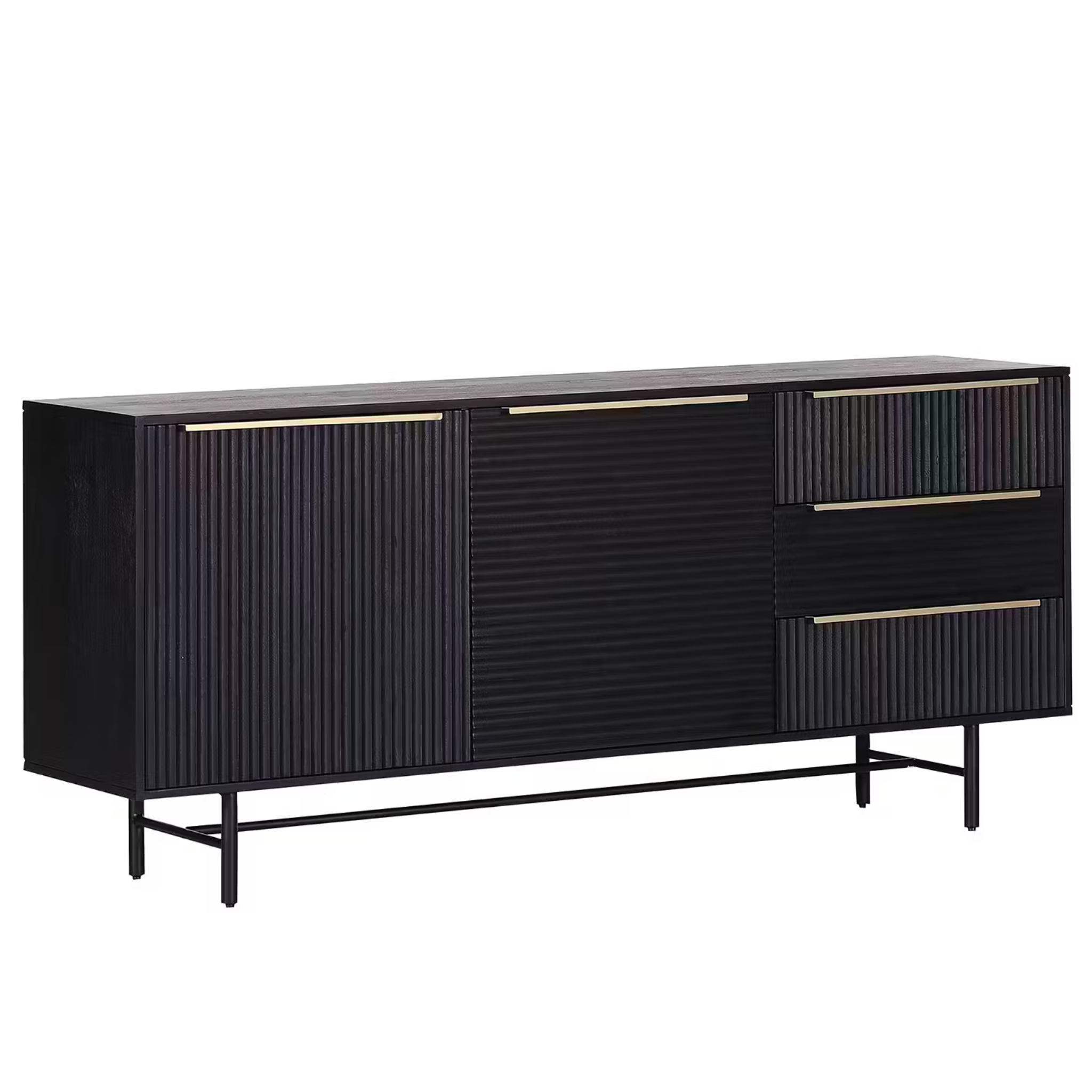 Sideboard Mamba schwarz mit Rillenstruktur, Metallbeinen und Gold-Griffen - modernes Design Möbelstück