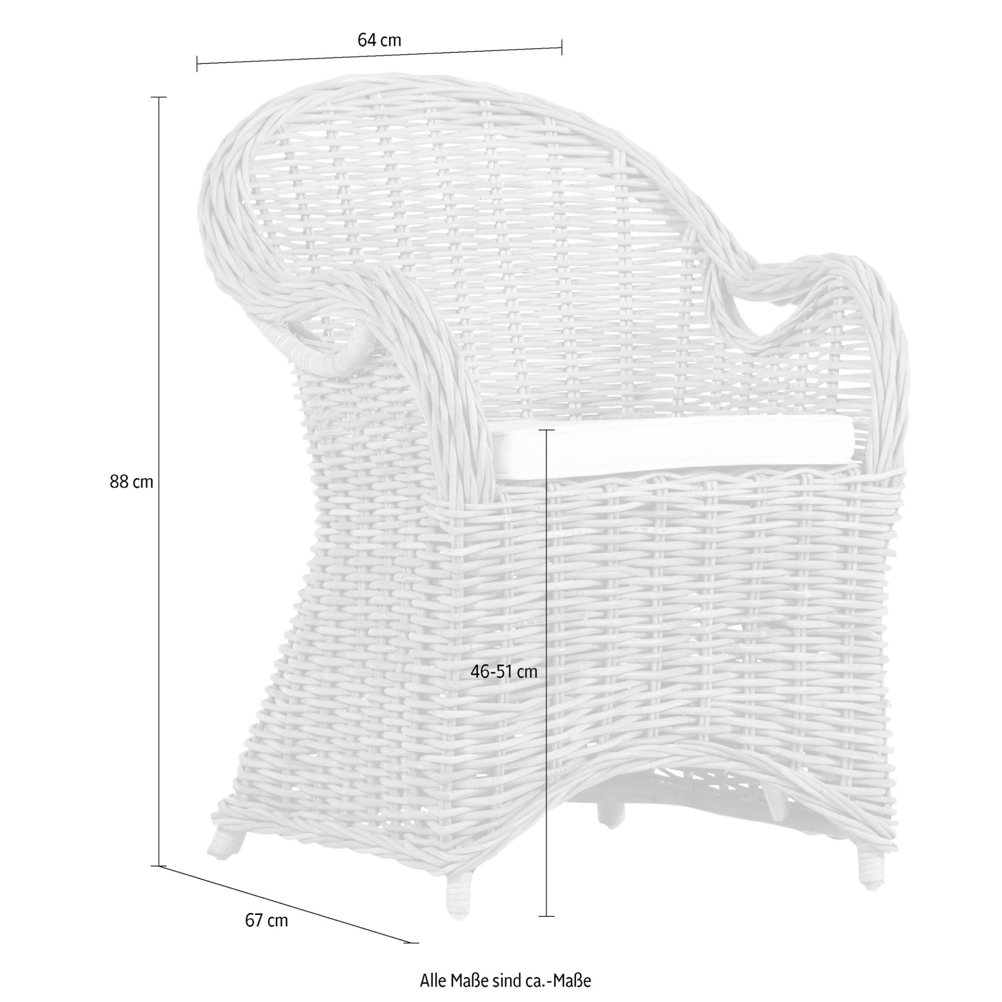 Rattansessel mit Armlehnen, Breite 64 cm, Höhe 88 cm, Sitztiefe 46,51 cm, modernes Design